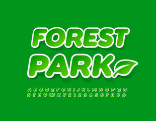 Vector emblem Forest Park with Decorative Leaf. Green sticker Font. Fresh Alphabet Letters and Numbers set
