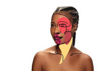 Art portrait of young woman, fashion model with abstract geometrical drawings by modern one line style technique. Contemporary art, beauty, colors, glamour, inspiration. New look of paintography.