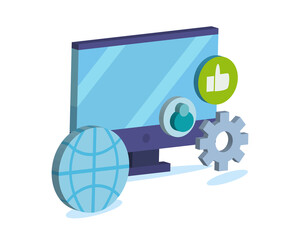 isometric computer with social media icon set vector design