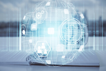 Double exposure of social network theme drawings and desk with open notebook background. Concept of people connection