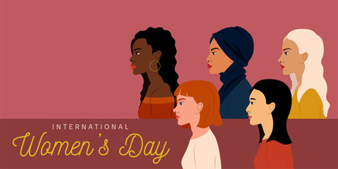 Banner template for international women's day. Portraits of women of different nationalities and cultures.