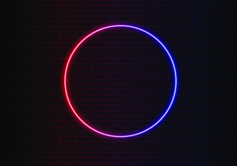 Neon red and blue light on dark black brick wall vector illustration. Neon border or frame. Lights sign. Vector abstract neon background for signboard or billboard. Geometric glow outline.