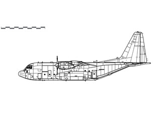 Lockheed C-130 Hercules. Vector drawing of military transport aircraft. Side view. Image for illustration and infographics.