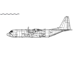 Lockheed Martin C-130J-30 Super Hercules. Vector drawing of military transport aircraft. Side view. Image for illustration and infographics. - obrazy, fototapety, plakaty