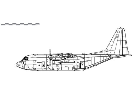 Lockheed C-130 Hercules. Vector drawing of military transport aircraft. Side view. Image for illustration and infographics.