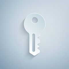Paper cut House key icon isolated on grey background. Paper art style. Vector.