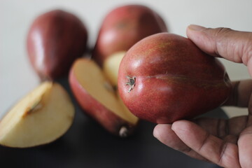 The Red Bartlett pear carries a true pyriform pear shape. A rounded bell on the bottom half of the...