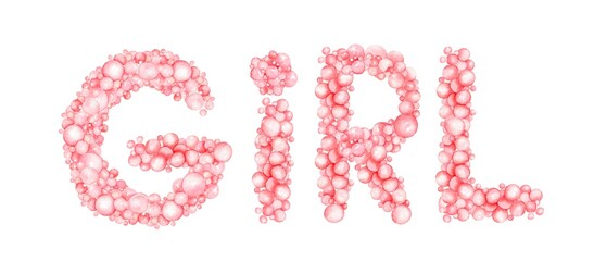Watercolor illustration.  Inscription, letters girl made of  pink balloons, bubbles.  for print, invitations, cards, design, party, holiday, children, baby shower