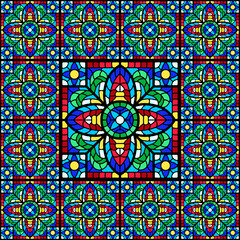 Stained-glass window with colored piece.
