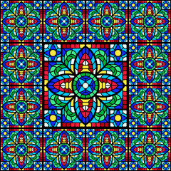 Stained-glass window with colored piece.