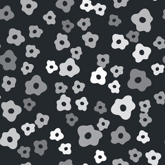 Grey Scrambled eggs icon isolated seamless pattern on black background. Home cooked food, fried egg, healthy breakfast, omelet icon. Vector.