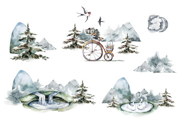Watercolor set of mountain waterfall. Hand drawn watercolor isolated landscape with forest and mountains on white background © Anna Terleeva