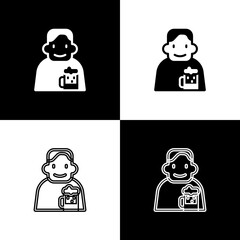 Set Happy man with beer icon isolated on black and white background. Vector.