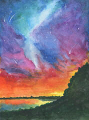 Bright sky, clouds, watercolor, drawing, background, landscape, sky, stars, milky way.