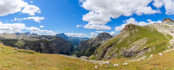 Fototapeta na wymiar Beautiful panoramic view of the valley Val Gardena In summer time. Italian Dolomites, South Tyrol