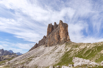 Fototapeta na wymiar View of Tre Cime di Lavaredo from the other side. Tre Cime Natural Park. South Tyrol, Italy