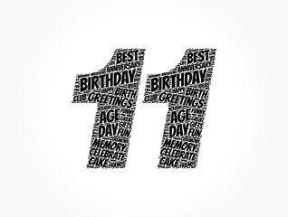 Happy 11th birthday word cloud, holiday concept background