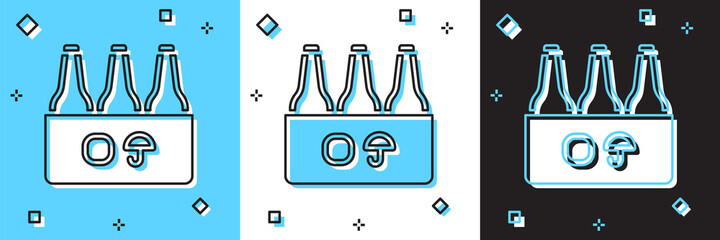 Set Pack of beer bottles icon isolated on blue and white, black background. Case crate beer box sign. Vector.