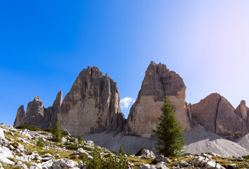 View from close distance to the peaks of famous Tre Cime di Lavaredo. South Tyrol, Italy