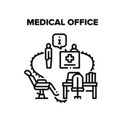 Medical Office Vector Icon Concept. Medical Office For Examination And Treatment Illness Patient, Stomatology And Gynecology Chair, Reception And Doctor Workplace Table Black Illustration