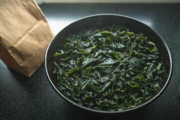 scalded wakame seaweed in bowl