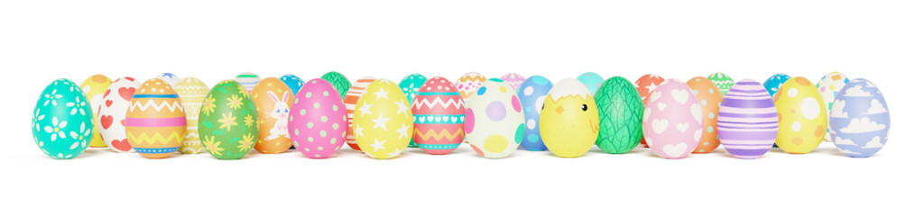 A line of colorful hand painted colorful Easter eggs isolated on a white background.