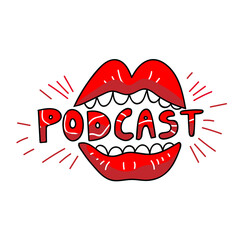 podcast, logo, cartoon, lips, doodle, female, fun, lettering, radio, advertisement, trendy, mouth, teeth, banner, announce, audio, broadcasting, emblem, entertainment, funny, illustration, interview, 