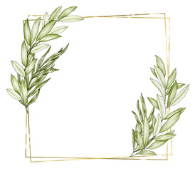 Golden geometric frame with green foliage drawn with colored pencils on white backkround