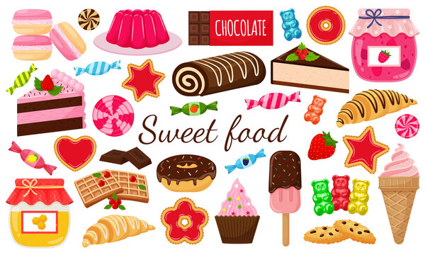 A set of sweets. Sweet pastries, cake, sweets, desserts. A collection of delicious, high-calorie food. Illustration in a cartoon flat style. Isolated on a white background.