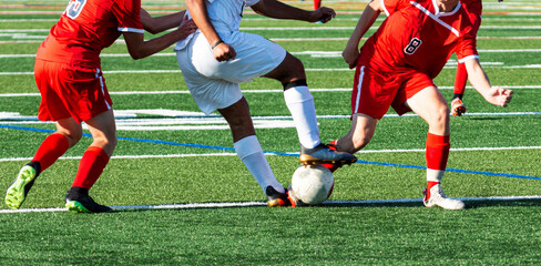 Boys fighting for the soccer ball during a game © coachwood