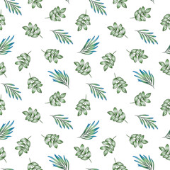 Hand drawn floral seamless pattern of green leaves on white background