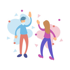 Man wearing face mask raise their hands to greet woman to prevent the spread of COVID-19 and dust PM2.5. People social distancing. Concept new normal