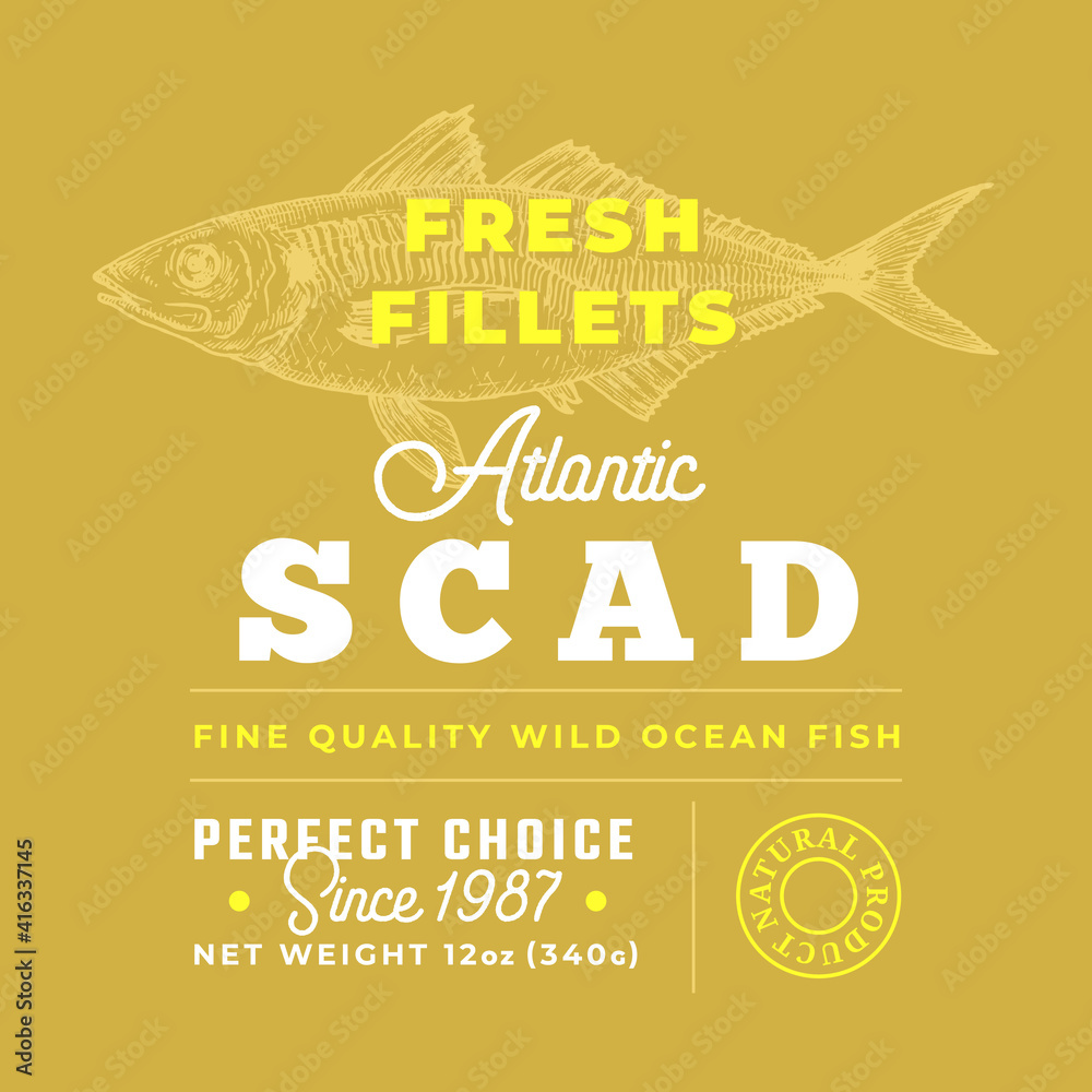 Wall mural fresh fillets premium quality label. abstract vector fish packaging design layout. retro typography 