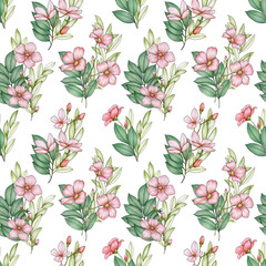 Seamless pattern with green foliage and pink flowers