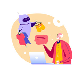Old man Shopping Online with help of digital virtual Chatbot Cyber Robot. Sale consumerism Pensioner grandfather using Laptop Chat bot and future marketing Dialog help service Flat vector illustration