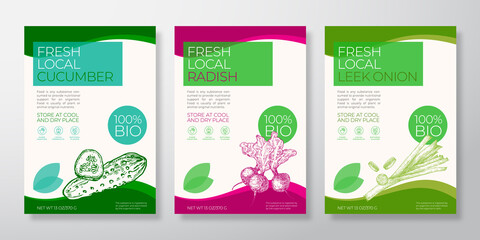 Fresh Local Vegetables Label Templates Set. Vector Packaging Design Layouts Collection. Typography Banner with Hand Drawn Cucumber, Radish and Leek Onion Sketch Silhouette Background Isolated