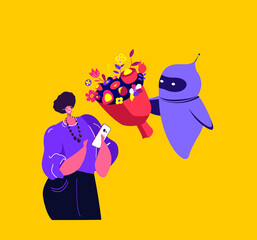 Happy Valentine Day,Birthday or Holiday Robot Cyborg Chat Bot Giving Bouquet of Flowers for Girl in Mobile App. Artificial intellect Send Parcels to Customers. Online Shopping Flat Vector Illustration