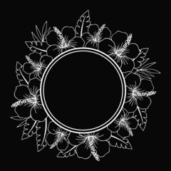 Vector illustration, frame with tropical flowers, pattern in monochrome colors, template, stencil, isolate