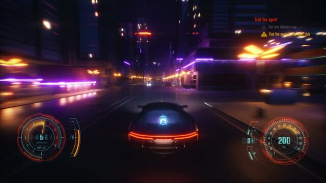 Cyber racing fake game with HUD. Cyberpunk style city