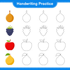 Handwriting practice. Tracing lines of Fruits. Educational children game, printable worksheet, vector illustration
