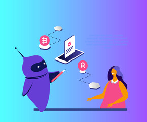 Finance Education for Children with Cyber Robot Chat Bot.Student Girl Study Blockchain Innovation Technology Agreement.Cryptocurrency Security,Accessibility,Conctract.Future Technology Online Hologram