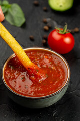 Kebap or shashlik and french fries and fresh vegetables