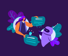 Dialog helping service Woman having questions Chat with chatbot application Online Infrormation artificial Intelligence Chat bot and future marketing AI business IOT concept Flat Vector illustration