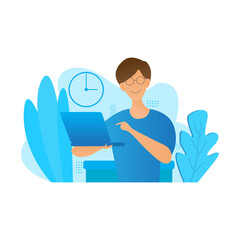 Creative vector character design of a man holding a laptop for web design, landing page, banner, illustrator banner.