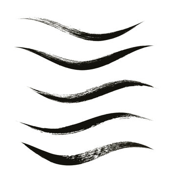 Makeup Strokes, Set Of Mascara Smudge, Makeup Eye Liner Swatches, Beauty And Cosmetic Black Brush Smudges Vector Background. Smear Make Up Lines Collection, Liquid Make Up Texture Isolated On White.