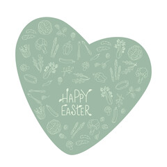 Happy Easter sign with green vegetables frame. Handwritten lettering fresh font. No pattern. Vector stock illustration isolated on white background. EPS10
