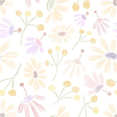 Cute floral vector pattern with wildflowers in bleached colors. Seamless background for delicate design.