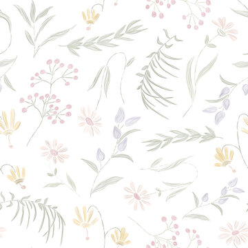 Seamless pattern with wildflowers and herbs.Vector illustration with traced strokes plants in delicate colors on a white background.