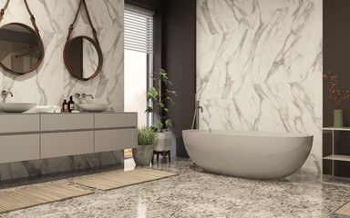 Modern bathroom interior with wooden decor in eco style	