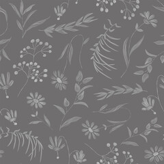 Floral seamless pattern. Abstract decorative texture with white wildflowers on a gray background. Imitation of a drawing with chalk. Vector illustration.